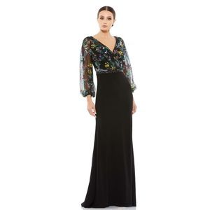 MAC DUGGAL EMBROIDERED ILLUSION PUFF SLEEVE COLUMN GOWN